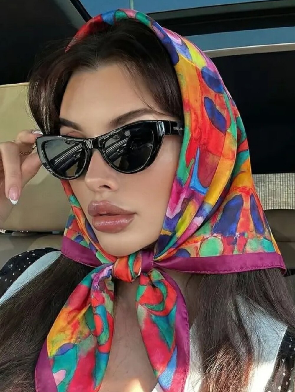 Silk-feel Vibrant Multicolor - Women's Head Scarf , Neck Scarf - Picture 3 of 4